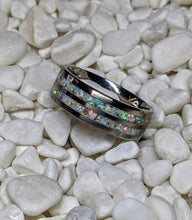 Load image into Gallery viewer, White Fire Opal in a Double 2x Channel Inlay Iridescent Glow Ring - 8mm - Please choose Ring Size and Material. Custom Colors Available!
