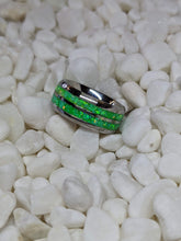 Load image into Gallery viewer, Green Neon Fire Opal in a Double 2x Channel Inlay Iridescent Glow Ring - 8mm - Please choose Ring Size &amp; Material. Custom Colors Available!
