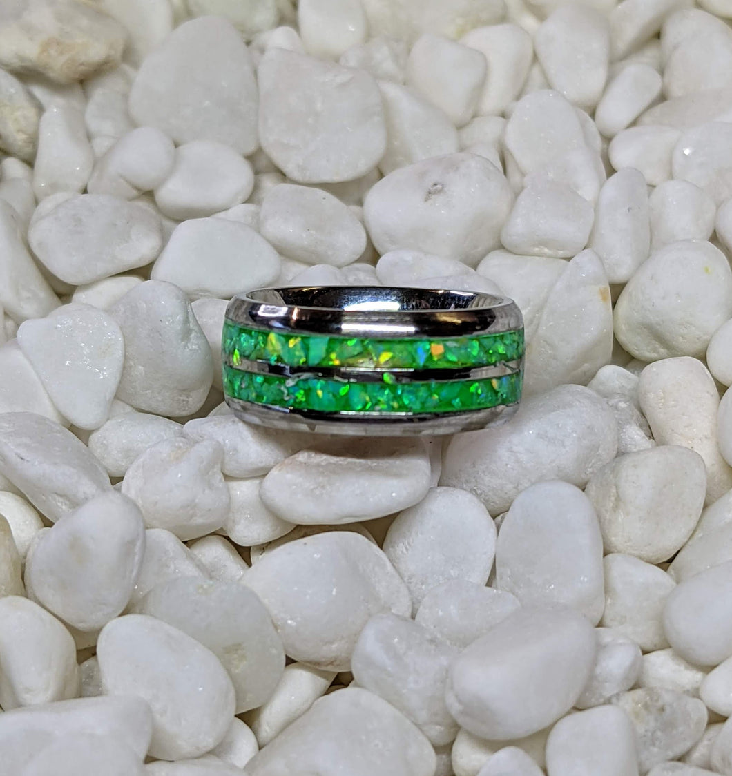Green Neon Fire Opal in a Double 2x Channel Inlay Iridescent Glow Ring - 8mm - Please choose Ring Size & Material. Custom Colors Available!