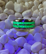 Load image into Gallery viewer, Green Neon Fire Opal in a Double 2x Channel Inlay Iridescent Glow Ring - 8mm - Please choose Ring Size &amp; Material. Custom Colors Available!
