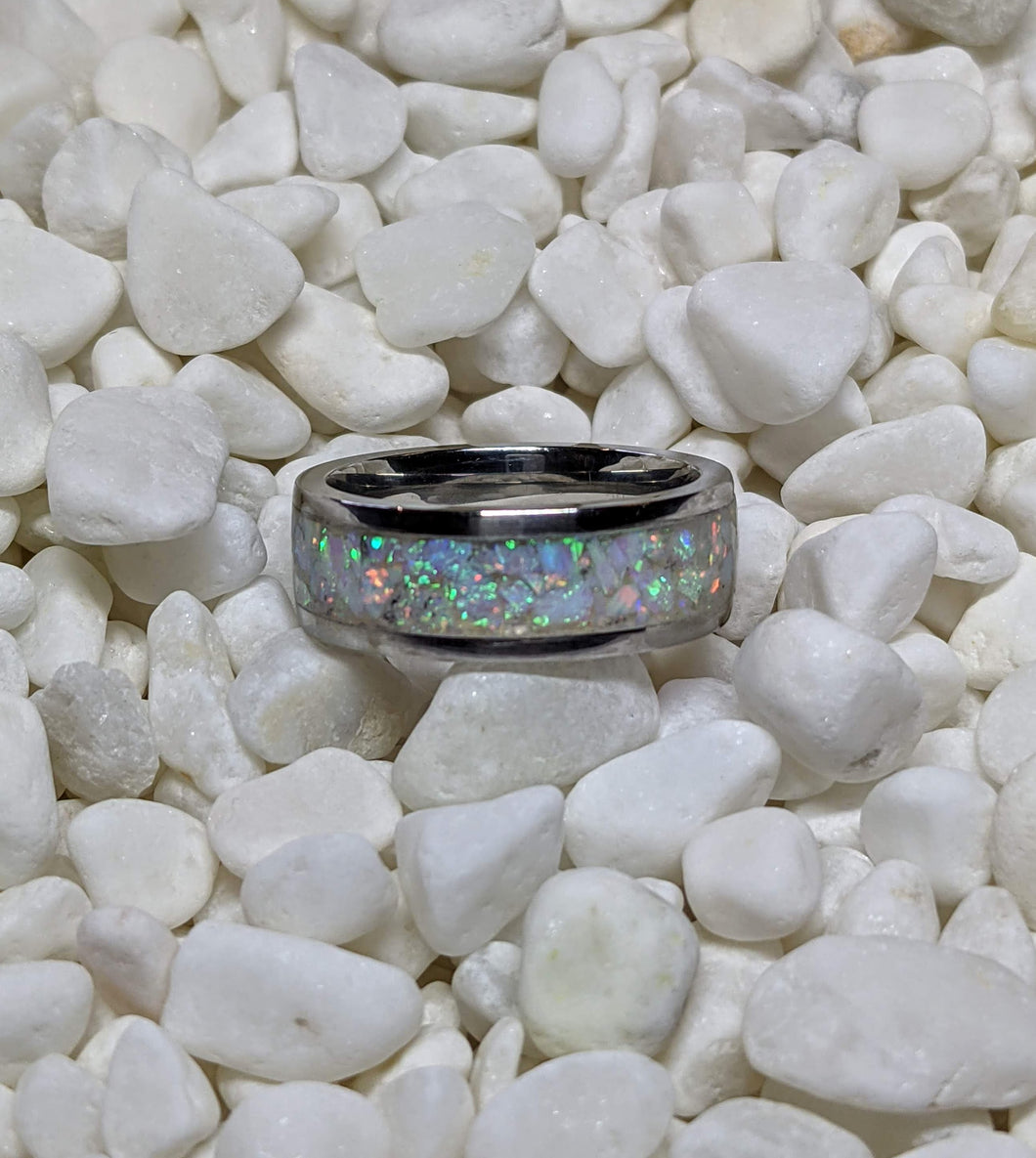 White Fire Opal Inlay Iridescent Glow Ring - 4/6/8mm wide - Custom - Please choose Ring Material, Size & Width