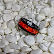Load image into Gallery viewer, Volcano Red Orange Fire Opal Inlay Iridescent Glow Ring - 6/8mm wide - Custom - Please choose Ring Material, Size &amp; Width
