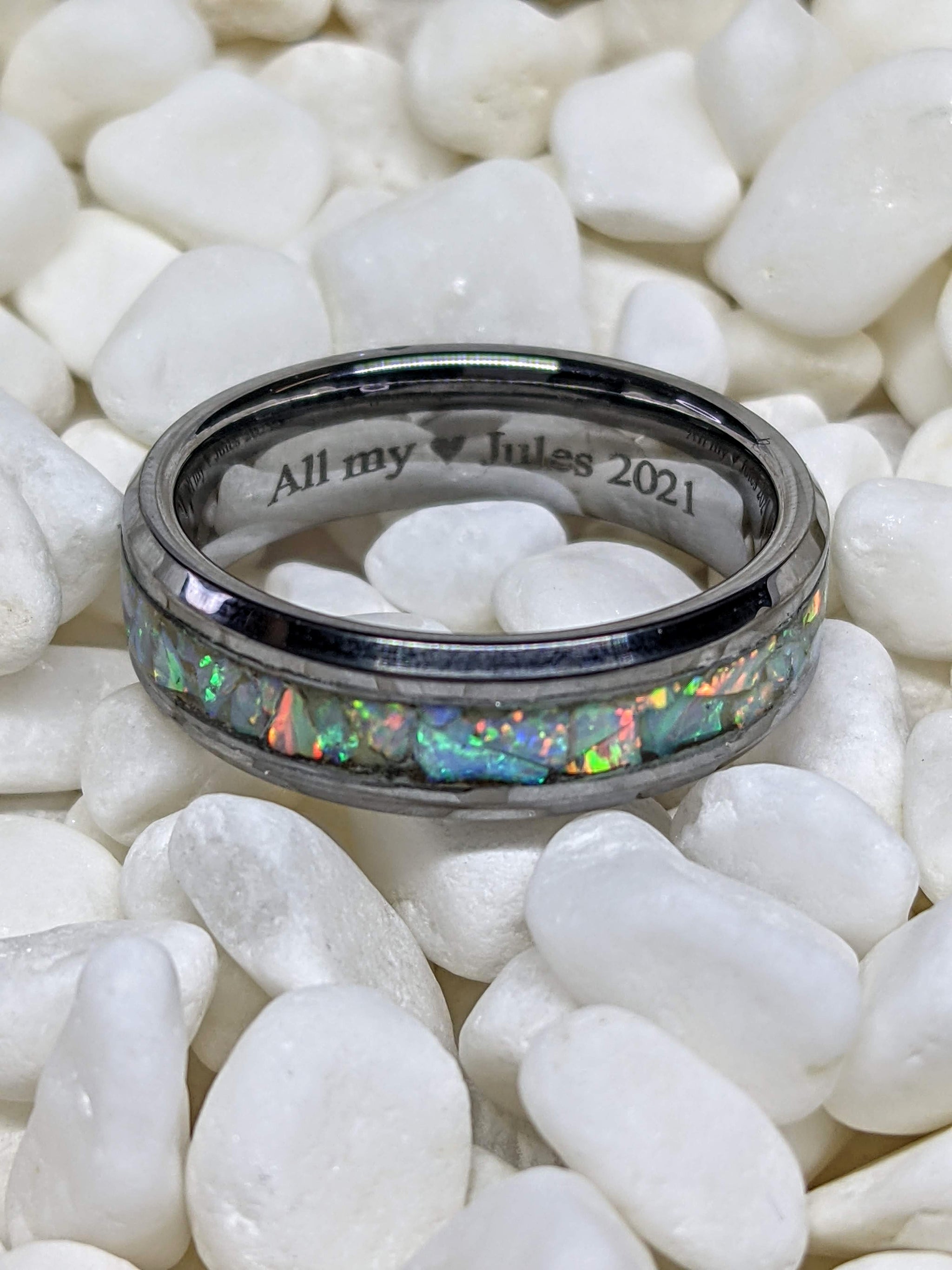White Fire Opal Inlay Iridescent Glow Ring - 4/6/8mm wide - Custom 