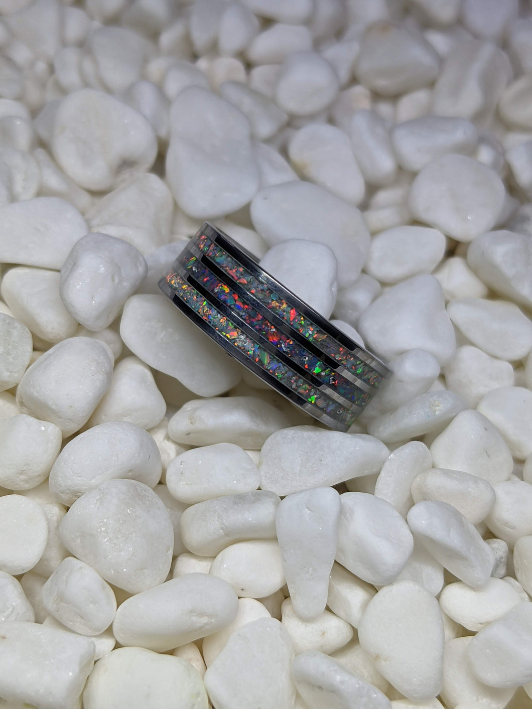 White Pearl Fire Opal and Gray Fire Opal Triple 3x Channel Inlay Iridescent Glow Ring - 8mm - Please choose Ring Size and Material