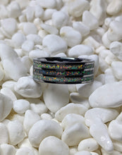 Load image into Gallery viewer, White Pearl Fire Opal and Gray Fire Opal Triple 3x Channel Inlay Iridescent Glow Ring - 8mm - Please choose Ring Size and Material
