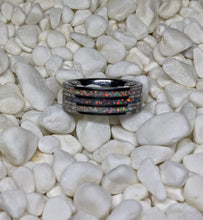 Load image into Gallery viewer, White Pearl Fire Opal and Gray Fire Opal Triple 3x Channel Inlay Iridescent Glow Ring - 8mm - Please choose Ring Size and Material
