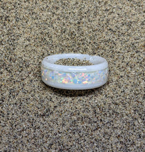 Load image into Gallery viewer, White Fire Opal Inlay Iridescent Glow Ring - 4/6/8mm wide - Custom - Please choose Ring Material, Size &amp; Width
