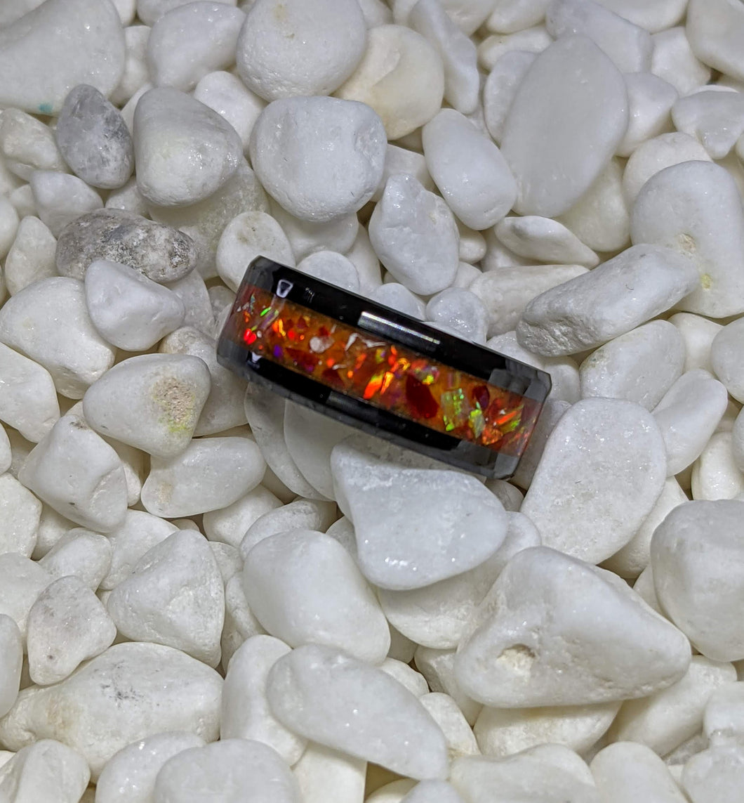 Volcano Red Orange Fire Opal Inlay Iridescent Glow Ring - 6/8mm wide - Custom - Please choose Ring Material, Size & Width