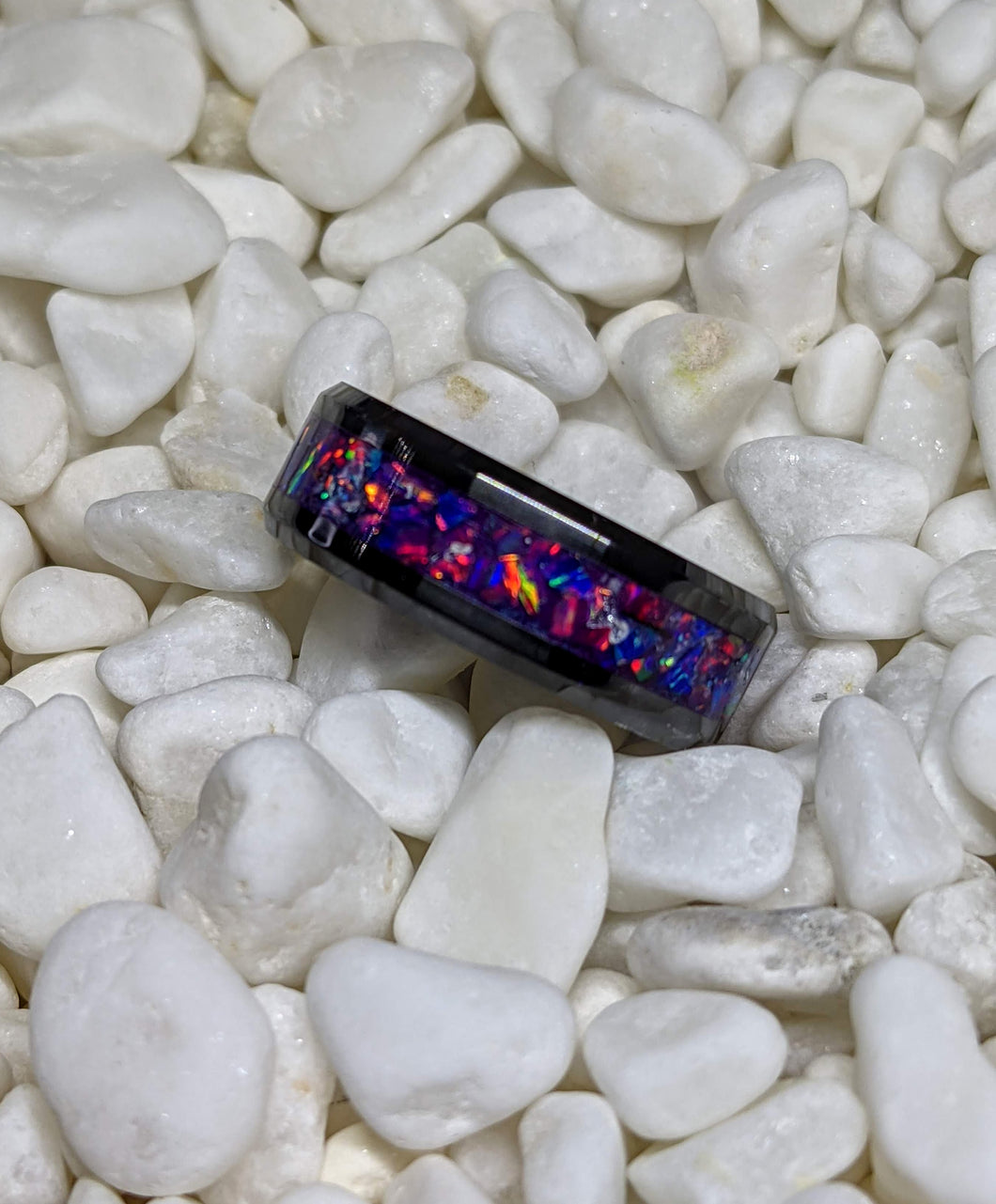 The Galaxy Ring Fire Opal Inlay Iridescent Glow Ring - 8mm wide - Custom - Choose Ring Material and Size