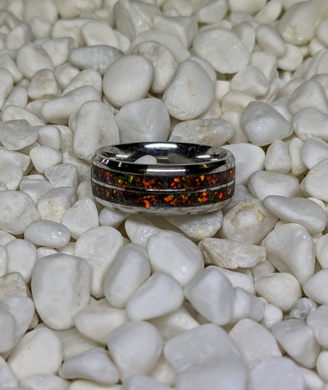 Black Orange Fire Opal in a Double 2x Channel Inlay Iridescent Glow Ring -8mm- Please choose Ring Size & Material. Custom Colors Available!