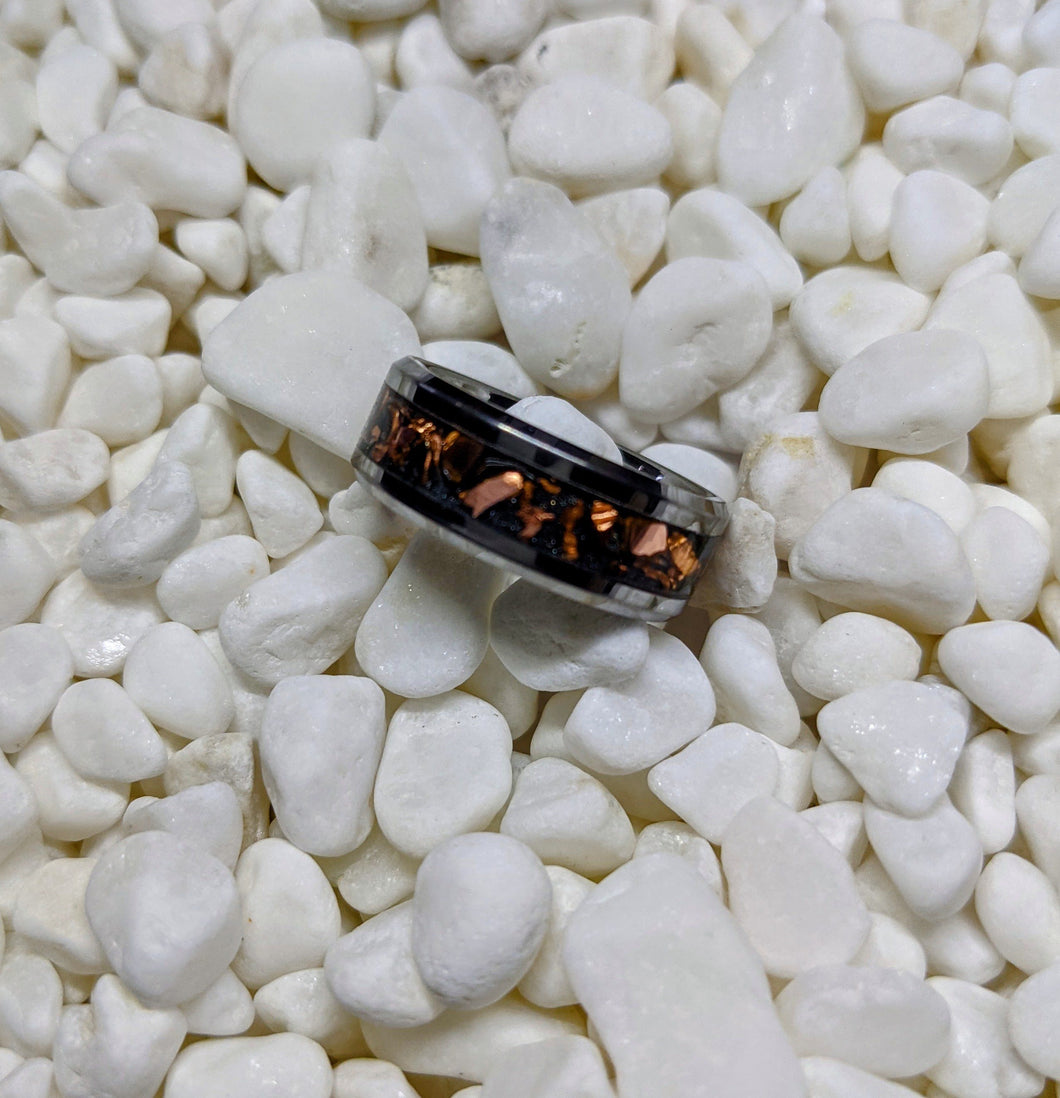 Copper Inlay with Obsidian Dust - Iridescent Glow Ring - 8mm wide ring - Please choose Ring Material and Size