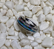 Load image into Gallery viewer, Sky Blue and Gray Fire Opal Double / Dual Channel Inlay Iridescent Glow Ring - 8mm - Please choose Ring Size and Material
