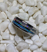 Load image into Gallery viewer, Sky Blue and Gray Fire Opal Double / Dual Channel Inlay Iridescent Glow Ring - 8mm - Please choose Ring Size and Material
