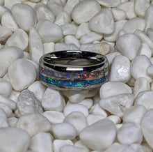 Load image into Gallery viewer, Sky Blue and Gray Fire Opal Double / Dual Channel Inlay Iridescent Glow Ring - 8mm - Please choose Ring Size and Material
