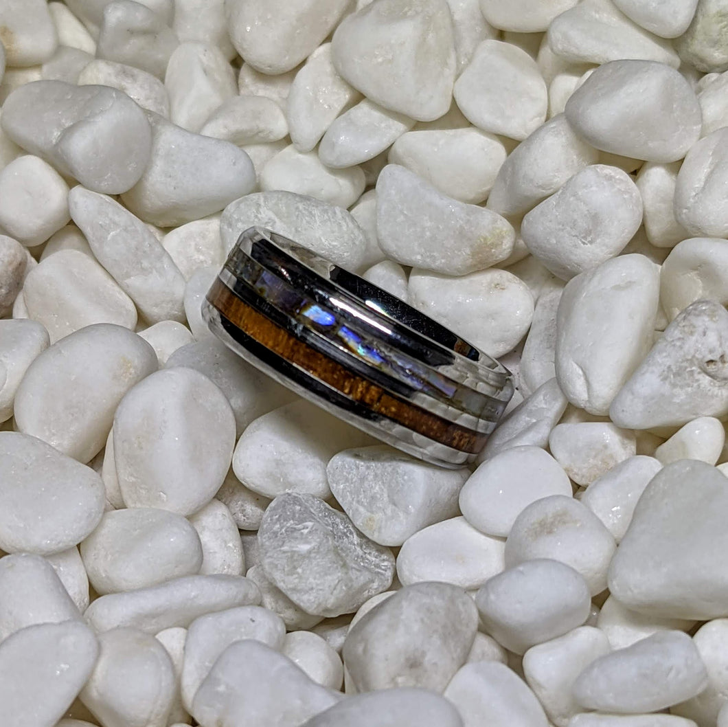 Abalone Shell/Mother of Pearl & Koa Wood Double / Dual Channel Inlay Iridescent Ring - 8mm - Please choose Ring Size and Material