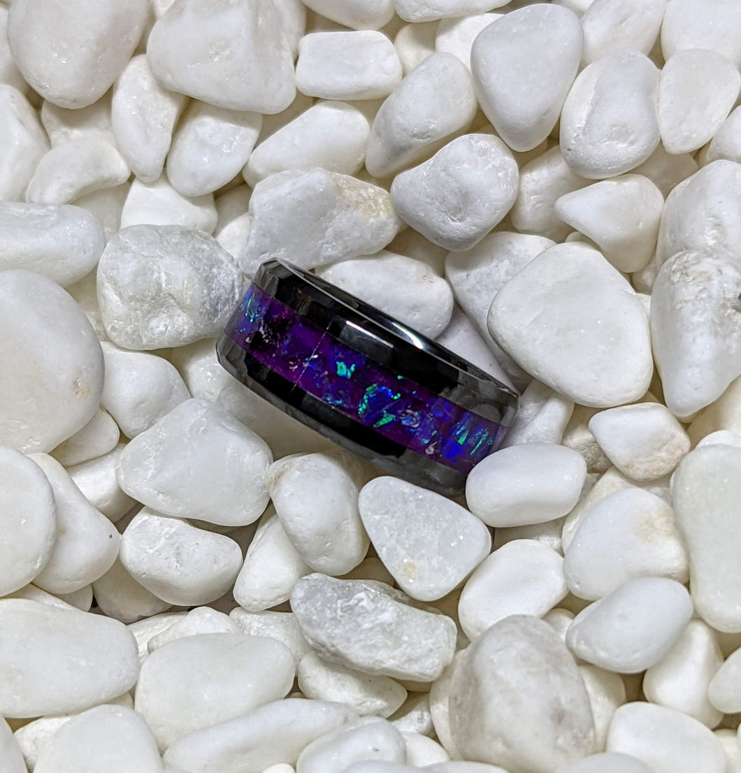Purple Fire Opal Inlay Iridescent Glow Ring - 4/6/8mm wide - Custom - Please choose Ring Material, Size & Width