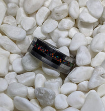Load image into Gallery viewer, Black Fire Opal + Tungsten Offset Channel Inlay Iridescent Glow Ring - 8mm - Please choose Ring Size. Custom inlay colors available!
