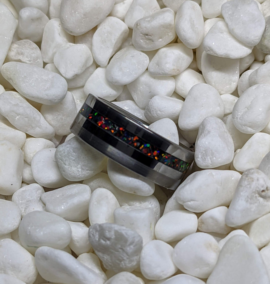 Black Fire Opal + Tungsten Offset Channel Inlay Iridescent Glow Ring - 8mm - Please choose Ring Size. Custom inlay colors available!