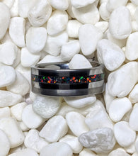 Load image into Gallery viewer, Black Fire Opal + Tungsten Offset Channel Inlay Iridescent Glow Ring - 8mm - Please choose Ring Size. Custom inlay colors available!
