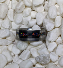 Load image into Gallery viewer, Black Fire Opal + Tungsten Offset Channel Inlay Iridescent Glow Ring - 8mm - Please choose Ring Size. Custom inlay colors available!
