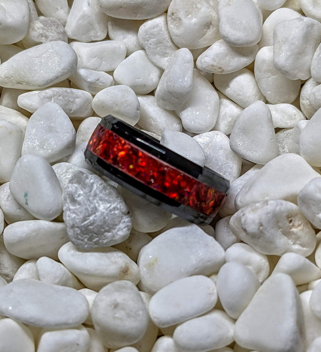 Red Fire Opal Inlay Iridescent Glow Ring - 4/6/8mm wide - Custom - Please choose Ring Material, Size & Width